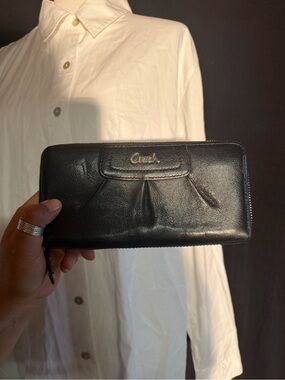 Coach Black Leather Zip Wallet with Gold Logo